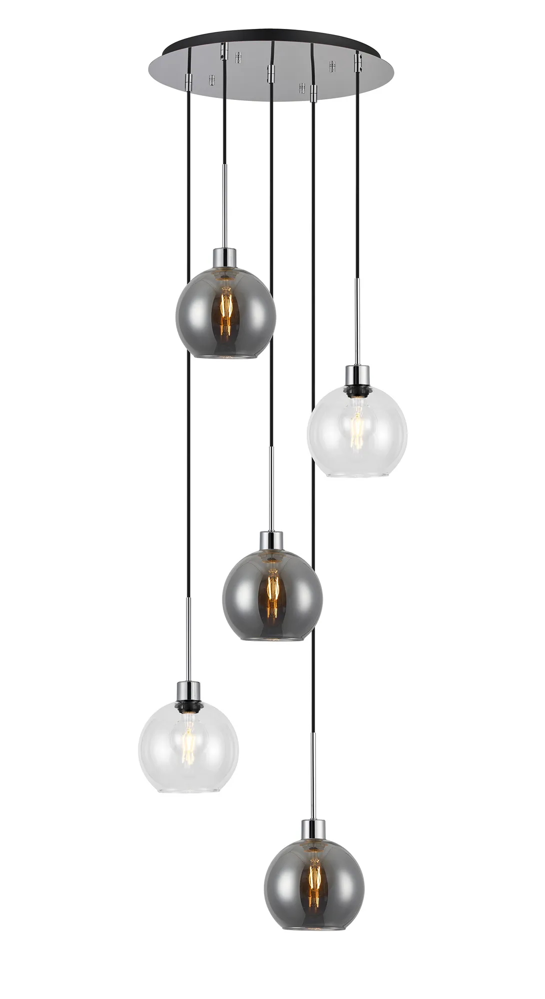 DK1288  Lori 45cm Round Pendant, 5 Light Adjustable E27, Polished Chrome/Clear/Smoke Open Mouth Round Globe Shades